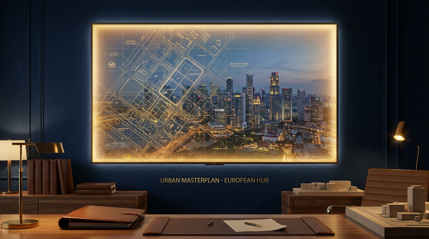 Planos técnicos de urbanismo con detalles en azul y dorado